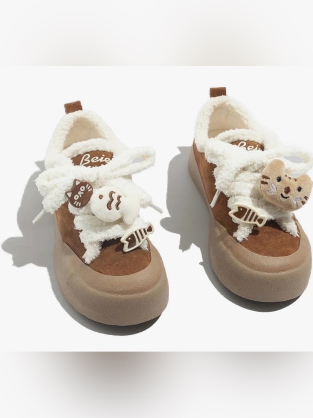 Brown Suede & White Fleece Sneakers with Changeable Cat Decor! Size 5.5, NIB
